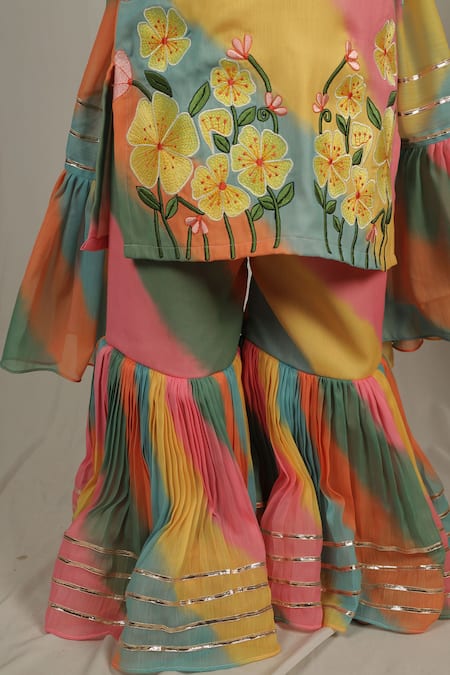 Vivedkids_Multi Color Chiffon Embroidery, Gota Patti Leheriya Pattern Kurta Sharara Set _Online_at_Aza_Fashions