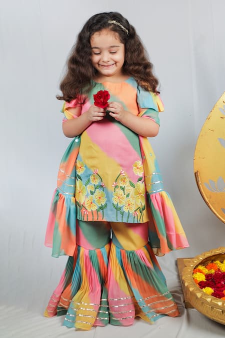 Shop_Vivedkids_Multi Color Chiffon Embroidery, Gota Patti Leheriya Pattern Kurta Sharara Set _Online_at_Aza_Fashions