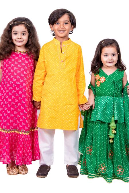 Vivedkids_Green Cotton Printed Bandhani Lehenga Set _Online_at_Aza_Fashions
