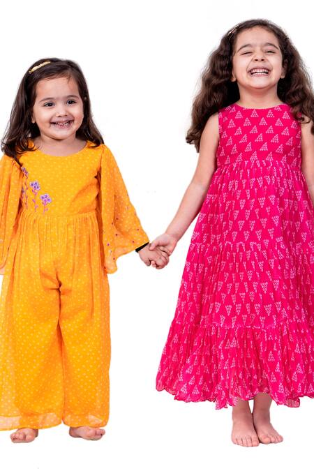 Vivedkids_Yellow Chiffon, Cotton Embroidery Flared Sleeve Printed Jumpsuit _Online_at_Aza_Fashions