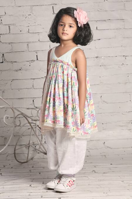 Little Shiro_Multi Color , Satin Side Block Panel Kurta With Salwar_Online_at_Aza_Fashions