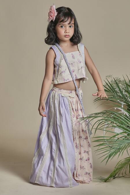 Little Shiro_Peach Cotton Crochet Lace Border Lehenga Set_Online_at_Aza_Fashions