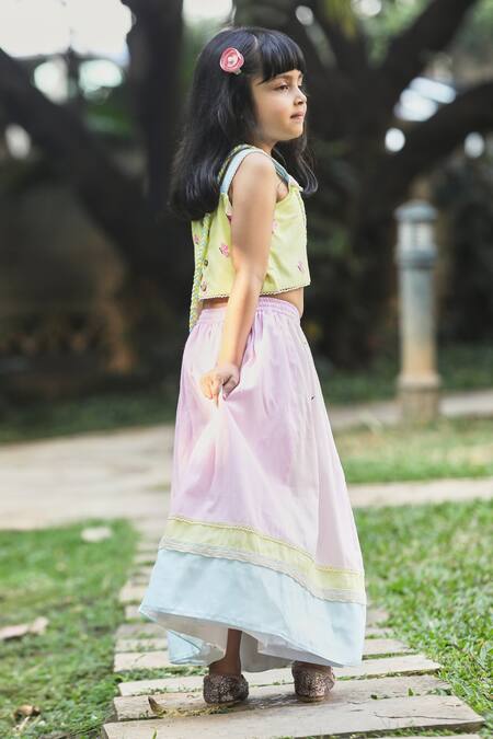 Little Shiro Yellow Cotton Embroidery Flared Printed Lehenga Set With Potli Bag Online at Aza Fashions Little Shiro_Yellow Cotton Embroidery Flared Printed Lehenga Set With Potli Bag_Online_at_Aza_Fashions