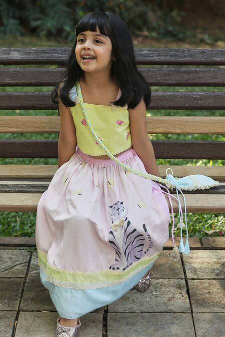 Shop Little Shiro Yellow Cotton Embroidery Flared Printed Lehenga Set With Potli Bag Online at Aza Fashions Shop_Little Shiro_Yellow Cotton Embroidery Flared Printed Lehenga Set With Potli Bag_Online_at_Aza_Fashions