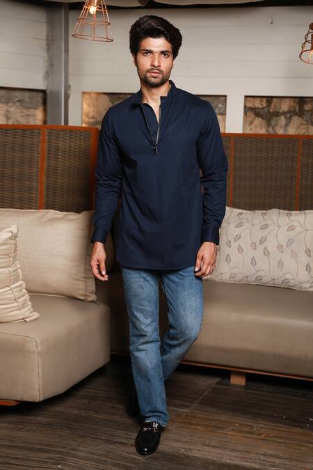 Echke_Blue Cotton Mandarin Collar Plain Shirt _Online_at_Aza_Fashions