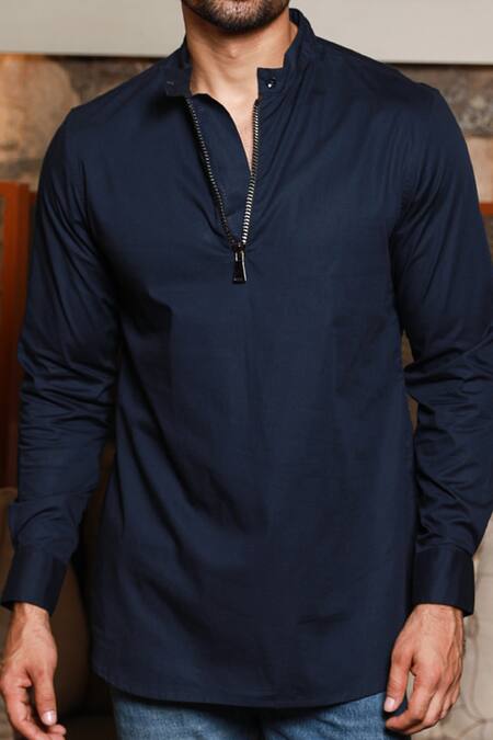 Buy_Echke_Blue Cotton Mandarin Collar Plain Shirt _Online_at_Aza_Fashions