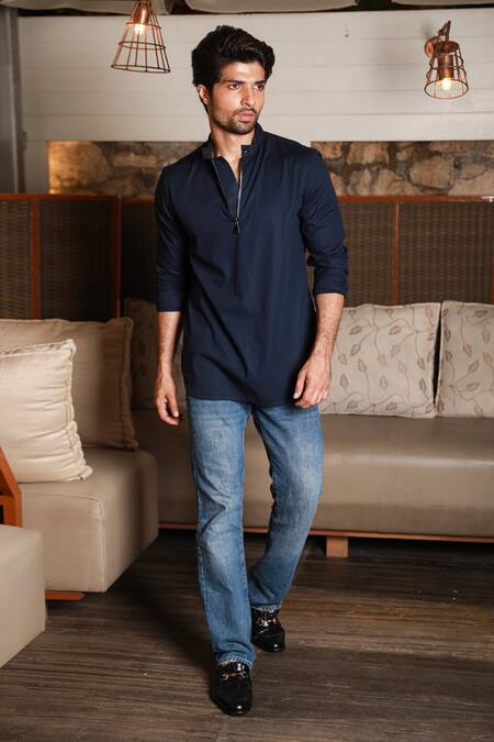 Echke_Blue Cotton Mandarin Collar Plain Shirt _at_Aza_Fashions