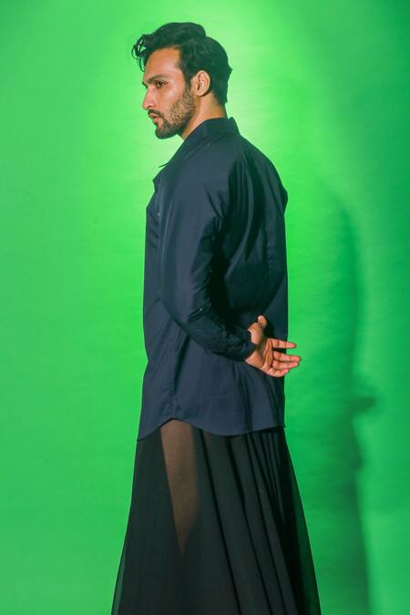 Echke_Blue Cotton Side Buttoned Placket Shirt_at_Aza_Fashions