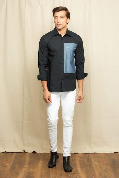 Echke_Black Cotton, Polyester Denim Patchwork Shirt _Online_at_Aza_Fashions