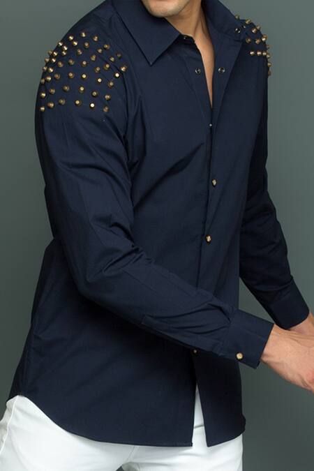 Echke_Blue Cotton Rivet Embellished Shirt _Online_at_Aza_Fashions