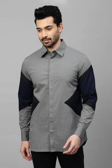 Echke_Grey Cotton Blend Arrow Pattern Shirt _Online_at_Aza_Fashions
