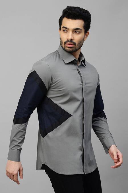 Buy_Echke_Grey Cotton Blend Arrow Pattern Shirt _Online_at_Aza_Fashions