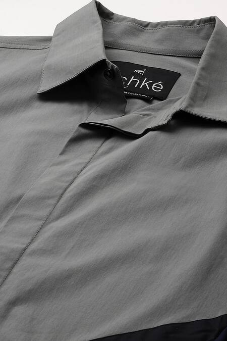 Echke_Grey Cotton Blend Arrow Pattern Shirt _at_Aza_Fashions