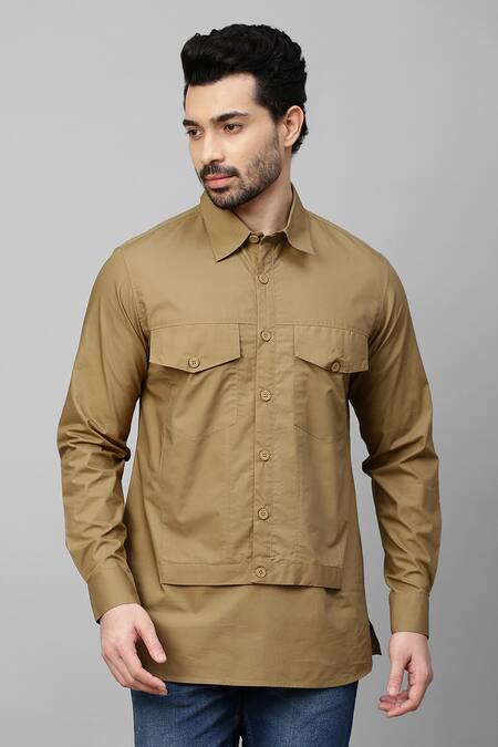 Echke_Brown Cotton Double Flap Pocket Shirt_Online_at_Aza_Fashions