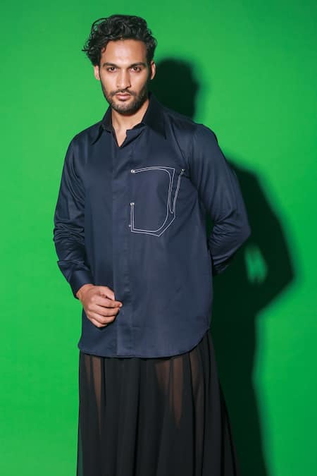 Echke Blue Cotton Embroidery Placed Abstract Half Pocket Shirt Online at Aza Fashions Echke_Blue Cotton Embroidery Placed Abstract Half Pocket Shirt _Online_at_Aza_Fashions