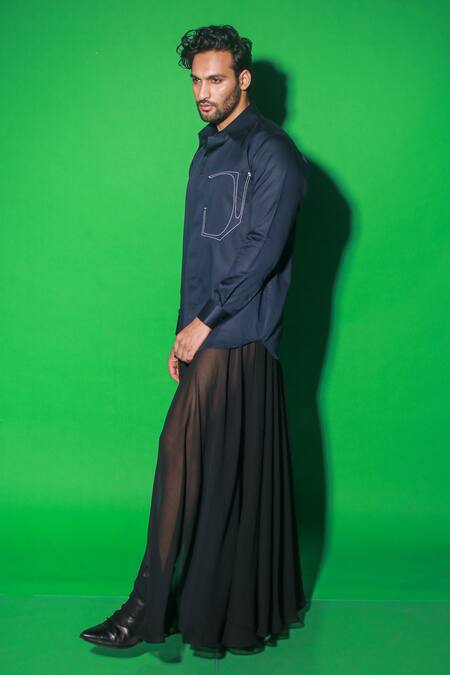 Shop Echke Blue Cotton Embroidery Placed Abstract Half Pocket Shirt Online at Aza Fashions Shop_Echke_Blue Cotton Embroidery Placed Abstract Half Pocket Shirt _Online_at_Aza_Fashions