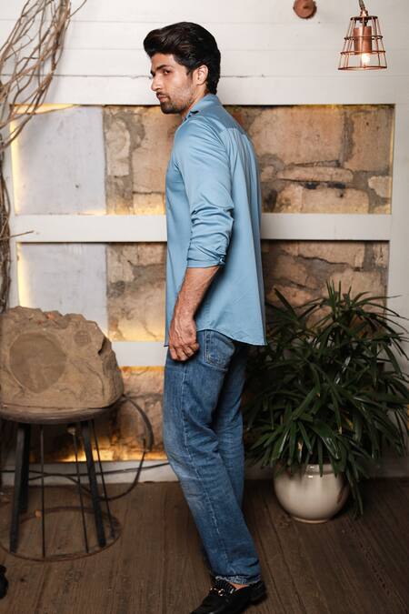 Echke_Blue Cotton Asymmetric Collar Shirt_Online_at_Aza_Fashions