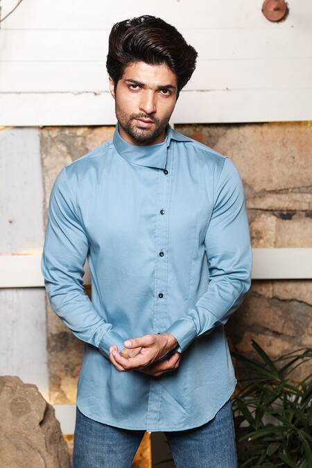 Buy_Echke_Blue Cotton Asymmetric Collar Shirt_Online_at_Aza_Fashions