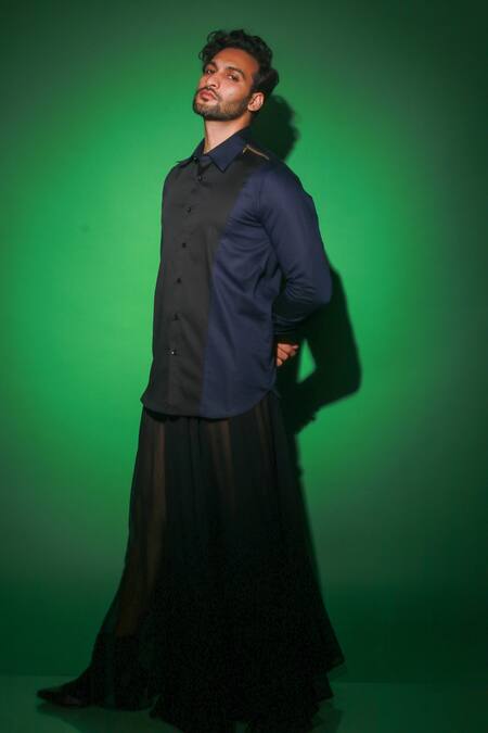 Shop Echke Blue Cotton Contrast Diagonal Panel Shirt Online at Aza Fashions Shop_Echke_Blue Cotton Contrast Diagonal Panel Shirt _Online_at_Aza_Fashions