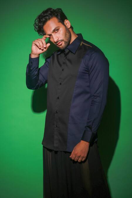 Echke Blue Cotton Contrast Diagonal Panel Shirt at Aza Fashions Echke_Blue Cotton Contrast Diagonal Panel Shirt _at_Aza_Fashions