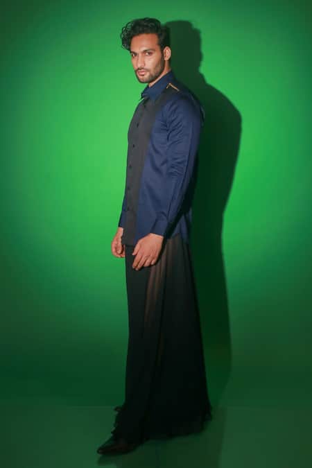 Echke Blue Cotton Contrast Diagonal Panel Shirt Online at Aza Fashions Echke_Blue Cotton Contrast Diagonal Panel Shirt _Online_at_Aza_Fashions