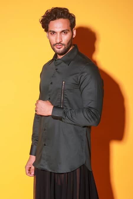 Buy_Echke_Green , Satin Solid Full-sleeve Shirt _Online_at_Aza_Fashions