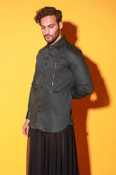 Echke_Green , Satin Solid Full-sleeve Shirt _Online_at_Aza_Fashions