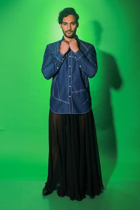 Echke Blue Cotton Embroidery Threadwork Tangent Shirt at Aza Fashions Echke_Blue Cotton Embroidery Threadwork Tangent Shirt _at_Aza_Fashions