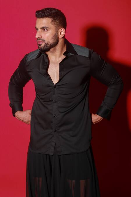 Echke_Black Cotton Quilted Back Panel Shirt _Online_at_Aza_Fashions