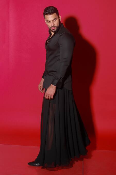 Buy_Echke_Black Cotton Quilted Back Panel Shirt _Online_at_Aza_Fashions