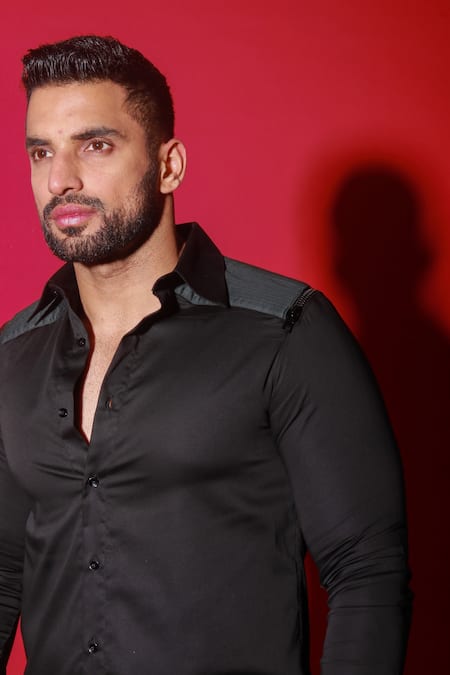 Shop_Echke_Black Cotton Quilted Back Panel Shirt _Online_at_Aza_Fashions