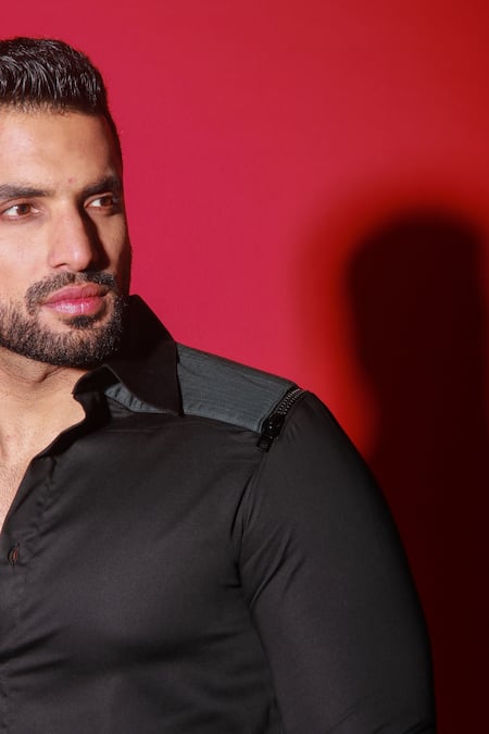 Echke_Black Cotton Quilted Back Panel Shirt _at_Aza_Fashions
