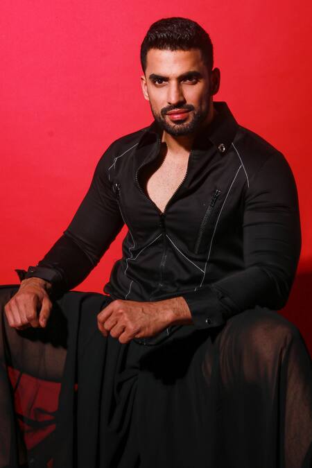 Echke Black Cotton, Polyester Embroidery Threadwork Zip-up Shirt Online at Aza Fashions Echke_Black Cotton, Polyester Embroidery Threadwork Zip-up Shirt _Online_at_Aza_Fashions