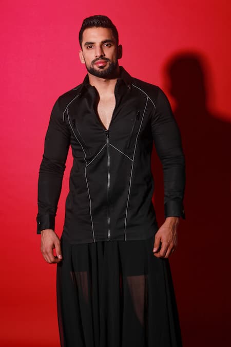 Shop Echke Black Cotton, Polyester Embroidery Threadwork Zip-up Shirt Online at Aza Fashions Shop_Echke_Black Cotton, Polyester Embroidery Threadwork Zip-up Shirt _Online_at_Aza_Fashions