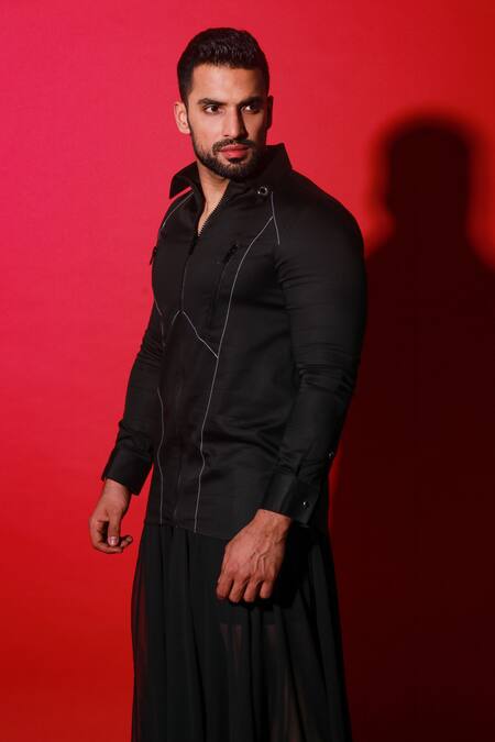 Echke Black Cotton, Polyester Embroidery Threadwork Zip-up Shirt at Aza Fashions Echke_Black Cotton, Polyester Embroidery Threadwork Zip-up Shirt _at_Aza_Fashions