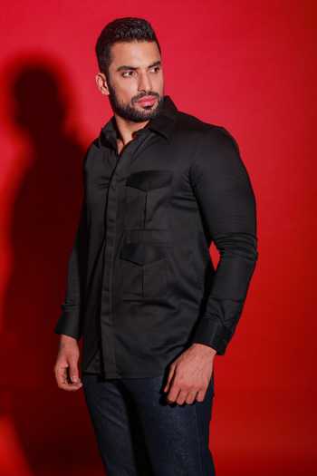 Echke_Black Cotton Safari Pocket Shirt_Online_at_Aza_Fashions