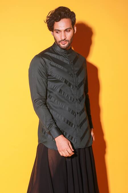 Echke Green Cotton Angular Panel Shirt at Aza Fashions Echke_Green Cotton Angular Panel Shirt _at_Aza_Fashions
