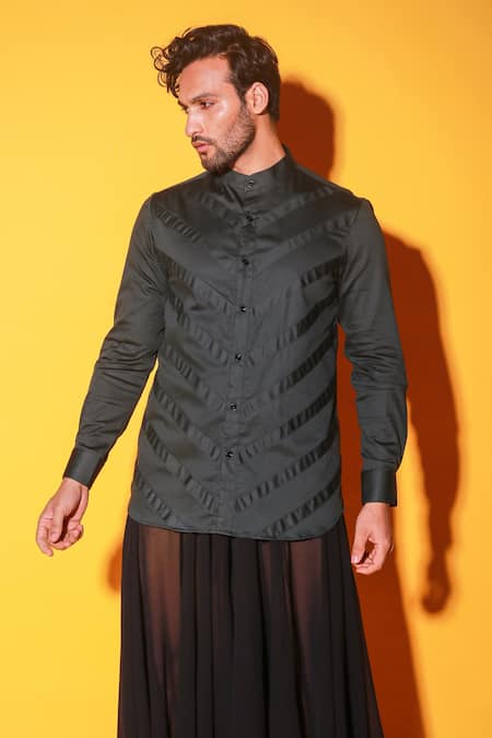 Echke Green Cotton Angular Panel Shirt Online at Aza Fashions Echke_Green Cotton Angular Panel Shirt _Online_at_Aza_Fashions