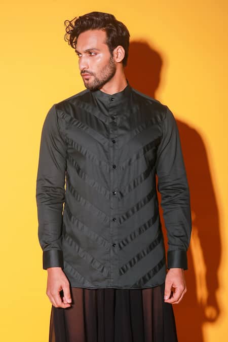 Shop Echke Green Cotton Angular Panel Shirt Online at Aza Fashions Shop_Echke_Green Cotton Angular Panel Shirt _Online_at_Aza_Fashions