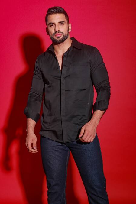 Echke_Black Cotton Angular Side Pocket Shirt_at_Aza_Fashions