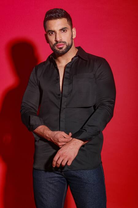 Echke_Black Cotton Angular Side Pocket Shirt_Online_at_Aza_Fashions