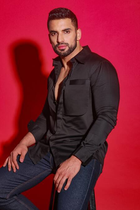 Buy_Echke_Black Cotton Angular Side Pocket Shirt_Online_at_Aza_Fashions