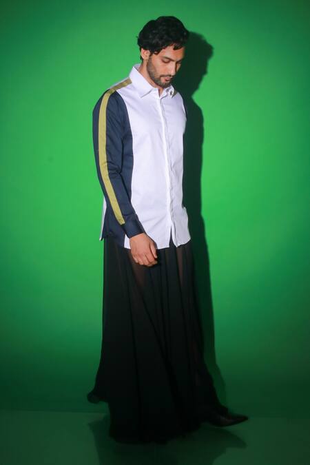 Echke_Blue Cotton Blend Solid Side Wing Shirt _at_Aza_Fashions
