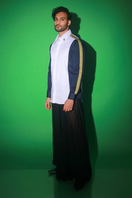 Echke_Blue Cotton Blend Solid Side Wing Shirt _Online_at_Aza_Fashions