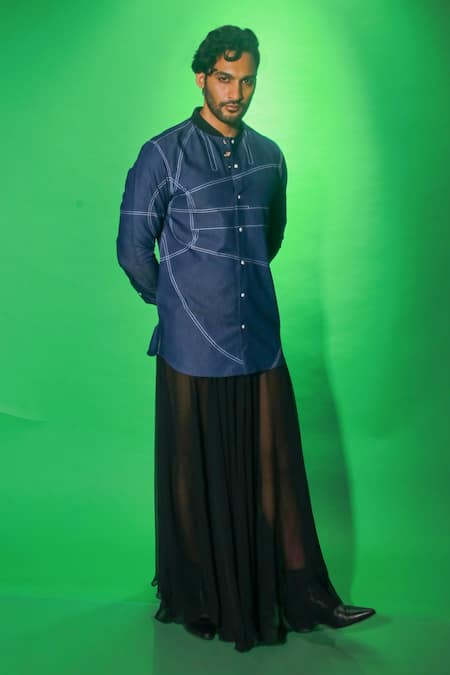 Echke_Blue Cotton Embroidery Angular Threadwork Shirt _Online_at_Aza_Fashions