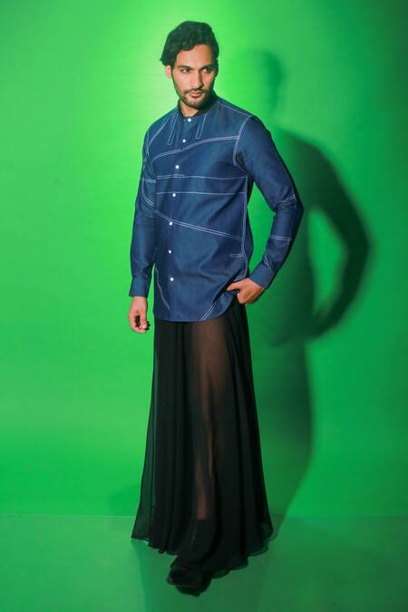 Buy_Echke_Blue Cotton Embroidery Angular Threadwork Shirt _Online_at_Aza_Fashions