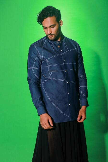 Shop_Echke_Blue Cotton Embroidery Angular Threadwork Shirt _Online_at_Aza_Fashions