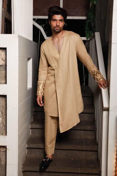 Buy_Echke_Brown Linen Embroidery Angrakha Kurta And Pant Set_Online_at_Aza_Fashions