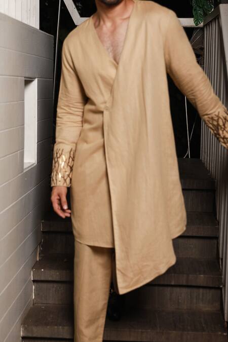 Shop_Echke_Brown Linen Embroidery Angrakha Kurta And Pant Set_Online_at_Aza_Fashions