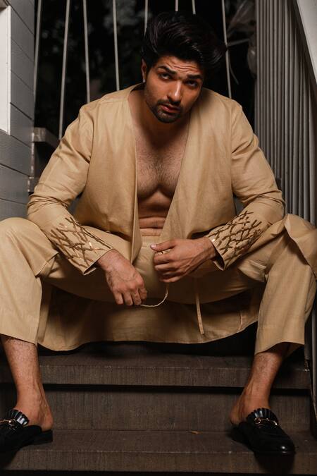 Echke_Brown Linen Embroidery Angrakha Kurta And Pant Set_at_Aza_Fashions